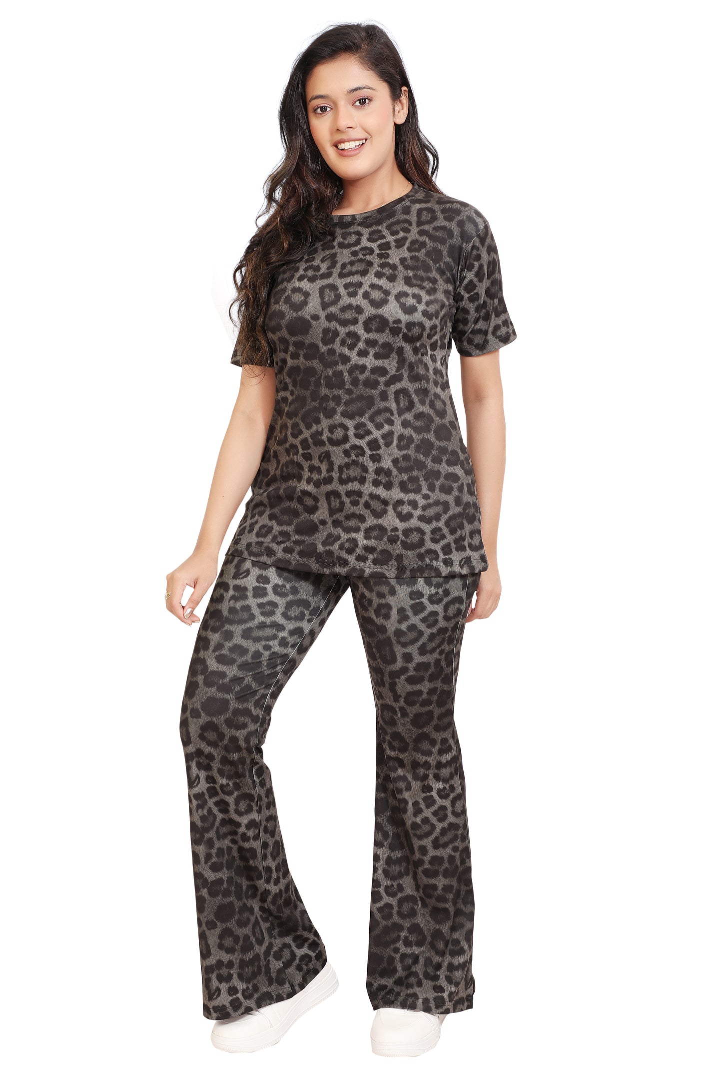 Women's Grey Leopard Print Co-Ord Set | Trendy Animal Print Top & Pants