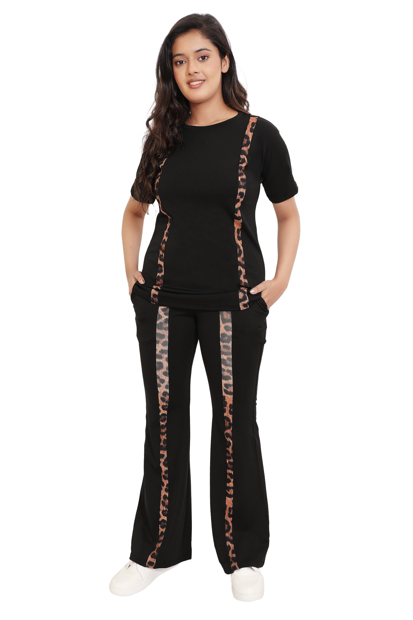 Women's Black Co-ord Set with Leopard Print Side Stripes