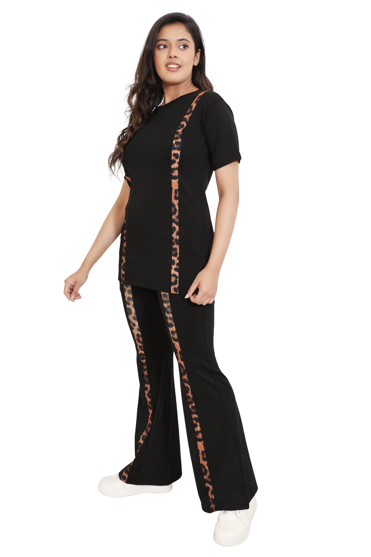 Women's Black Co-ord Set with Leopard Print Side Stripes