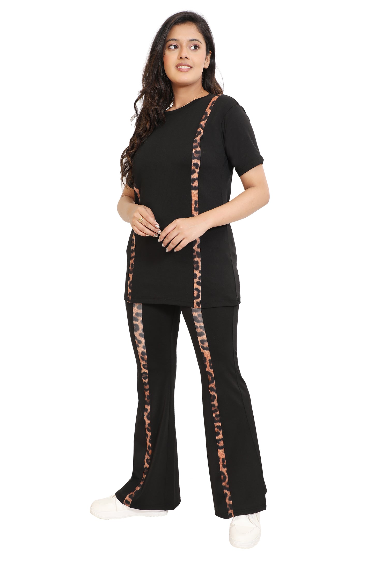 Women's Black Co-ord Set with Leopard Print Side Stripes