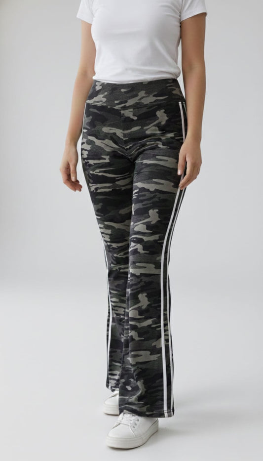 Camouflage Flare Leg Pants With Two White Side Stripes