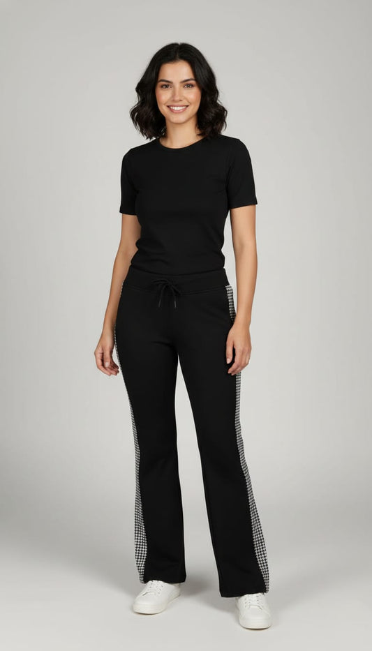 Black Flared Pants with Houndstooth Side Stripes With Knot And Pocket