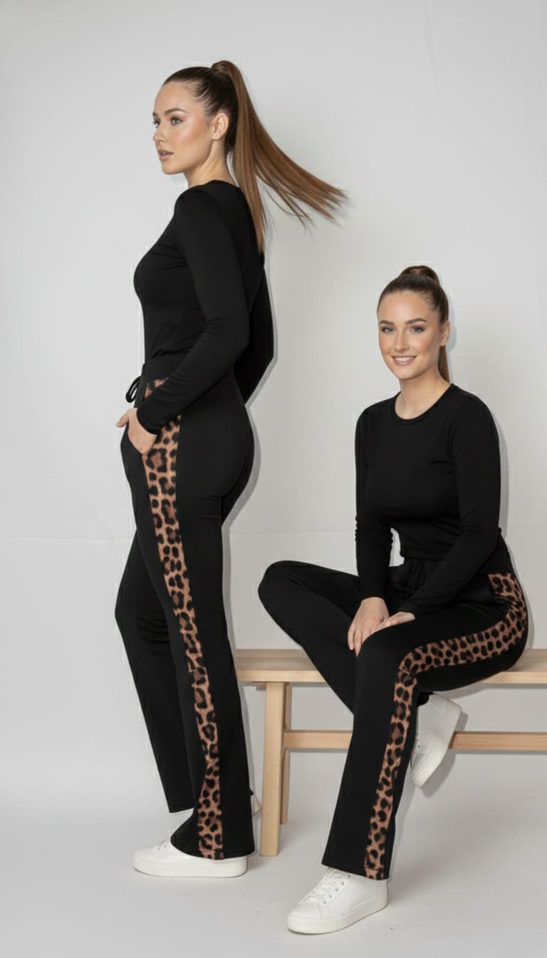 Black Flare Pants with Leopard Print Side Stripes With Pocket And Knot