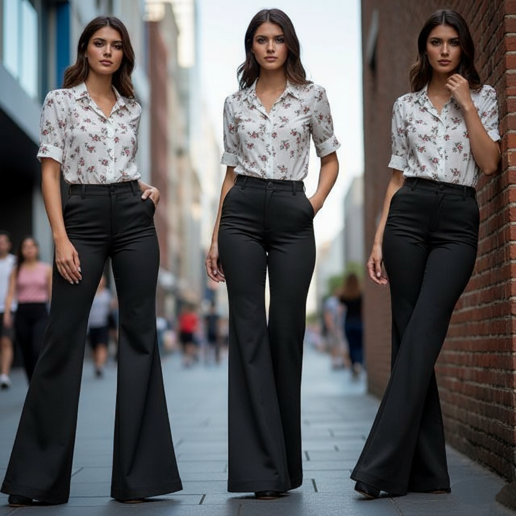 Premium High-Waisted Black Flared Pants for Women With Pockets.