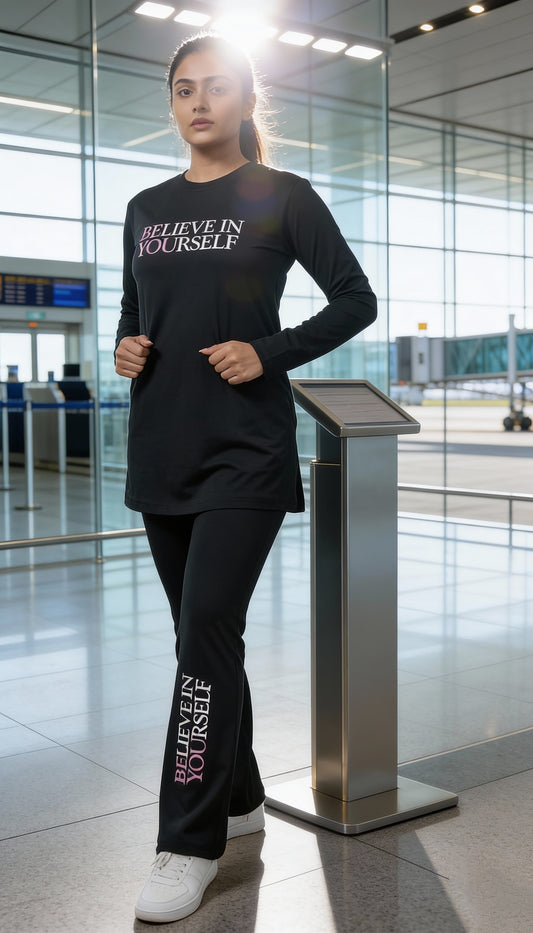 Women’s Black Athleisure Co-Ord Set – “Believe in Yourself” Full Sleeve T-Shirt & Flare Leg Pants With Knot And Pockets.