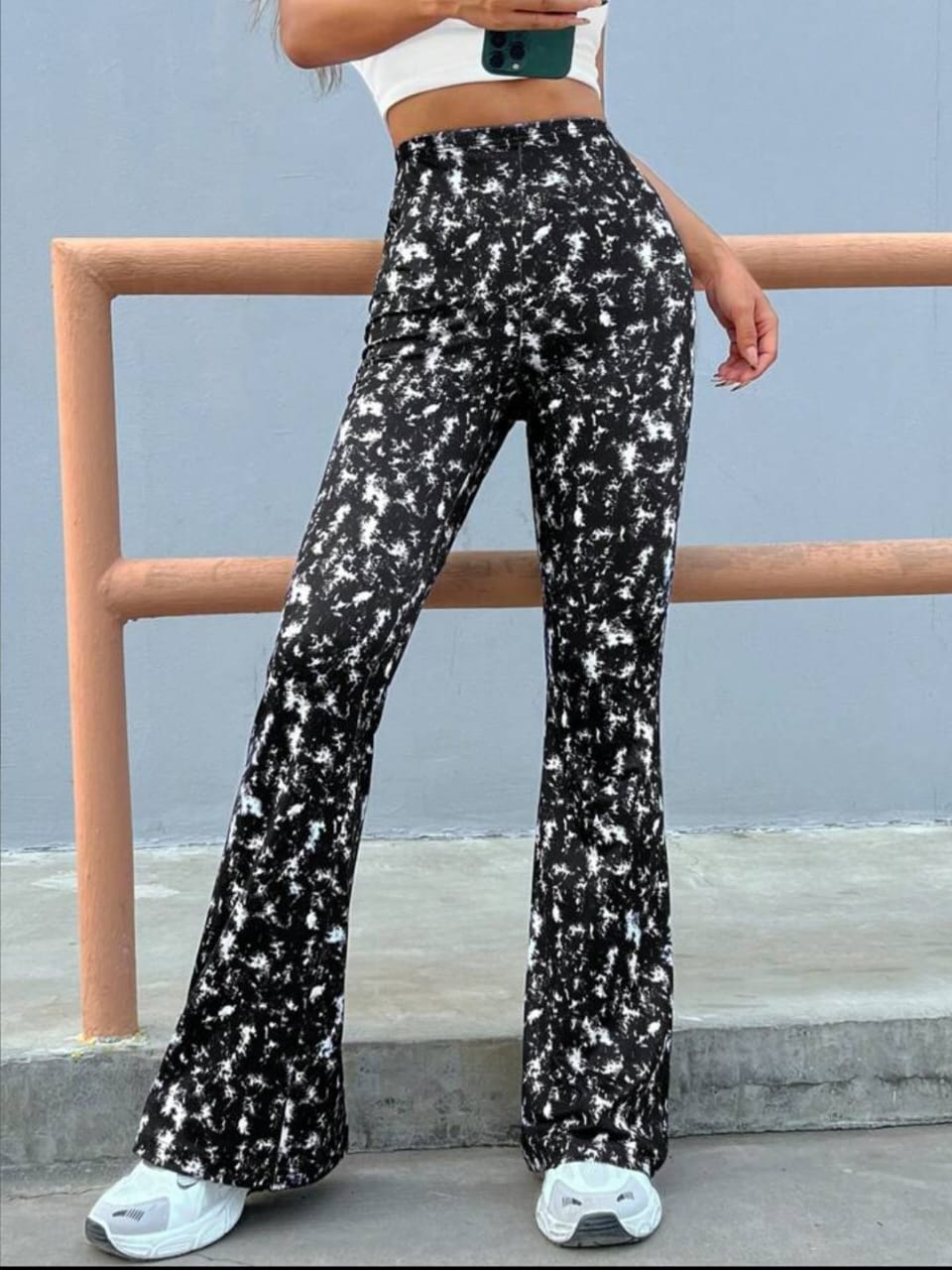 Women's Elegant Slim-Fit Black white Tie-Dye Flared Pants.