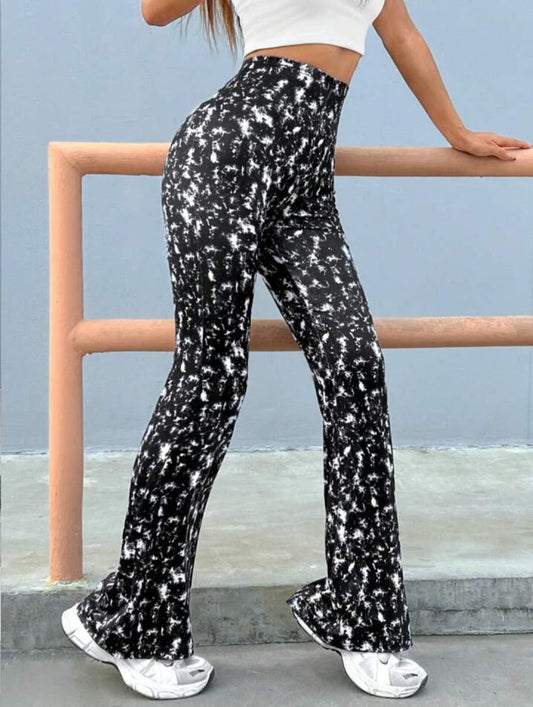 Women's Elegant Slim-Fit Black white Tie-Dye Flared Pants.