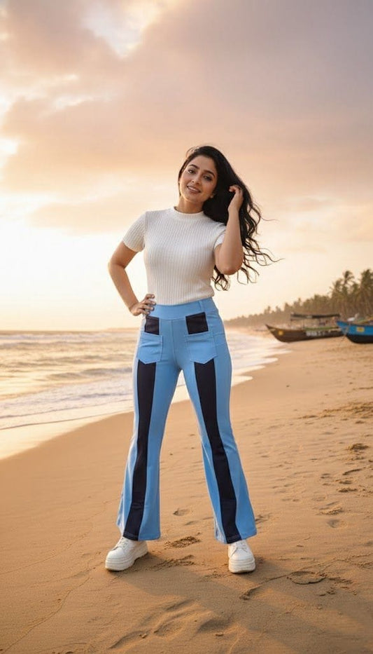Women’s High-Waist Solid Blue Flared Pants – Stretchable Trendy Trousers