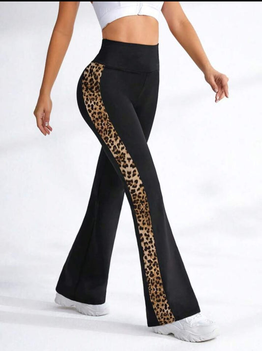 Women's Leopard Print Patchwork Elastic High Waist Flare leg pant