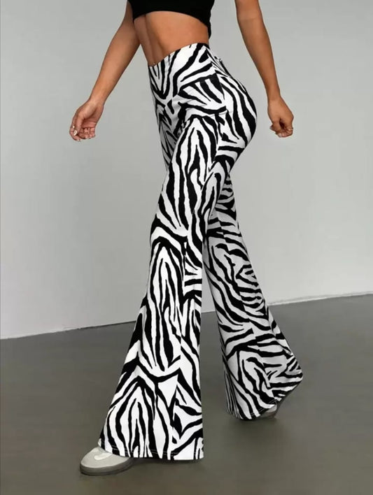 Women's Zebra Print V-Waist Flare Pants