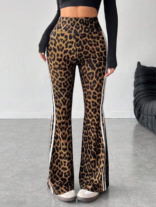Women's High-Waisted Side Stripe & Leopard Print Flared Leg Pants