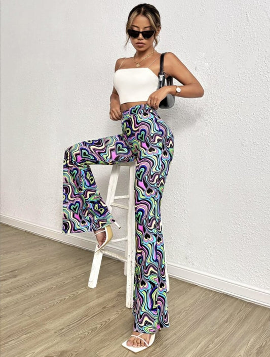 Women's Pants Allover Heart & Marble Print Flare Leg Pants Women's Pants.