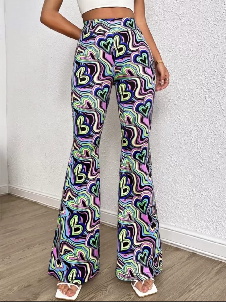 Women's Pants Allover Heart & Marble Print Flare Leg Pants Women's Pants.