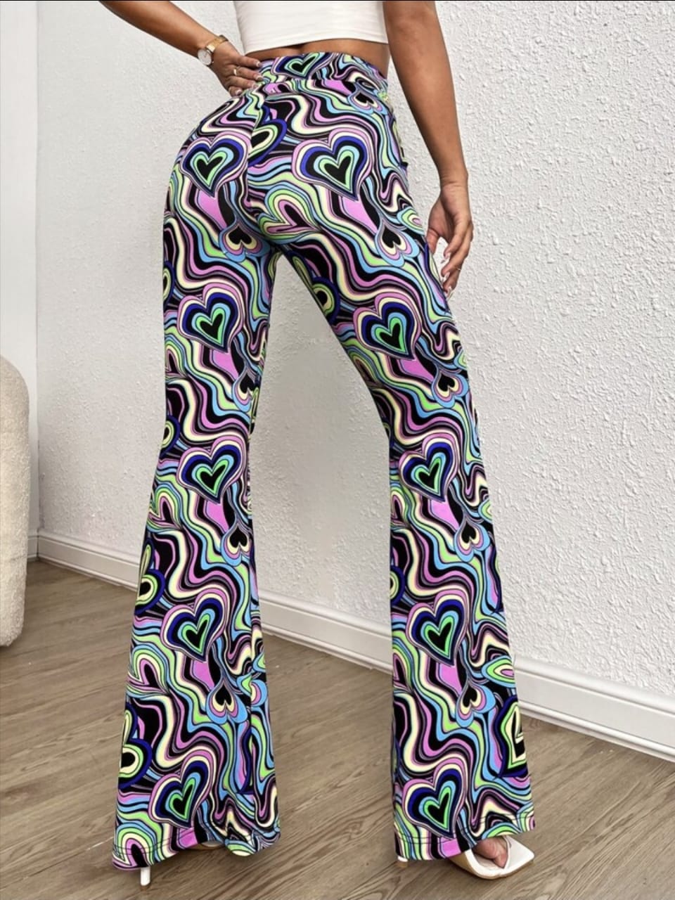 Women's Pants Allover Heart & Marble Print Flare Leg Pants Women's Pants.