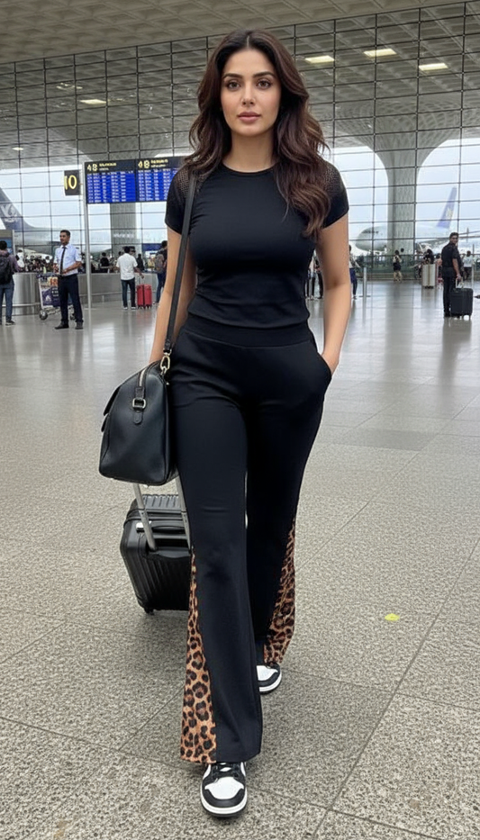 Black Flared Pants with Leopard Print Patch And Cross Pockets.