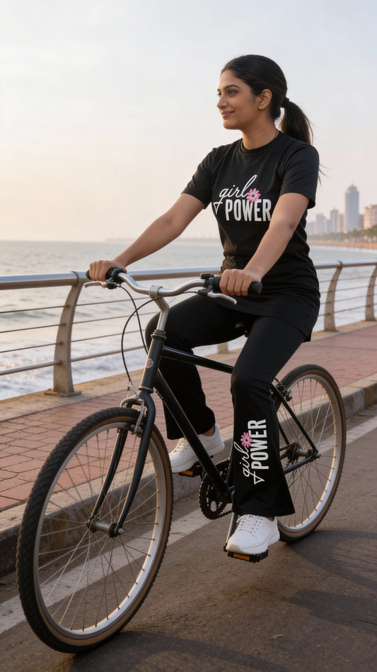 Women’s Black “Girl Power” Printed Athleisure Co-Ord Set – T-Shirt & Flare Pants With Knot And Pockets.