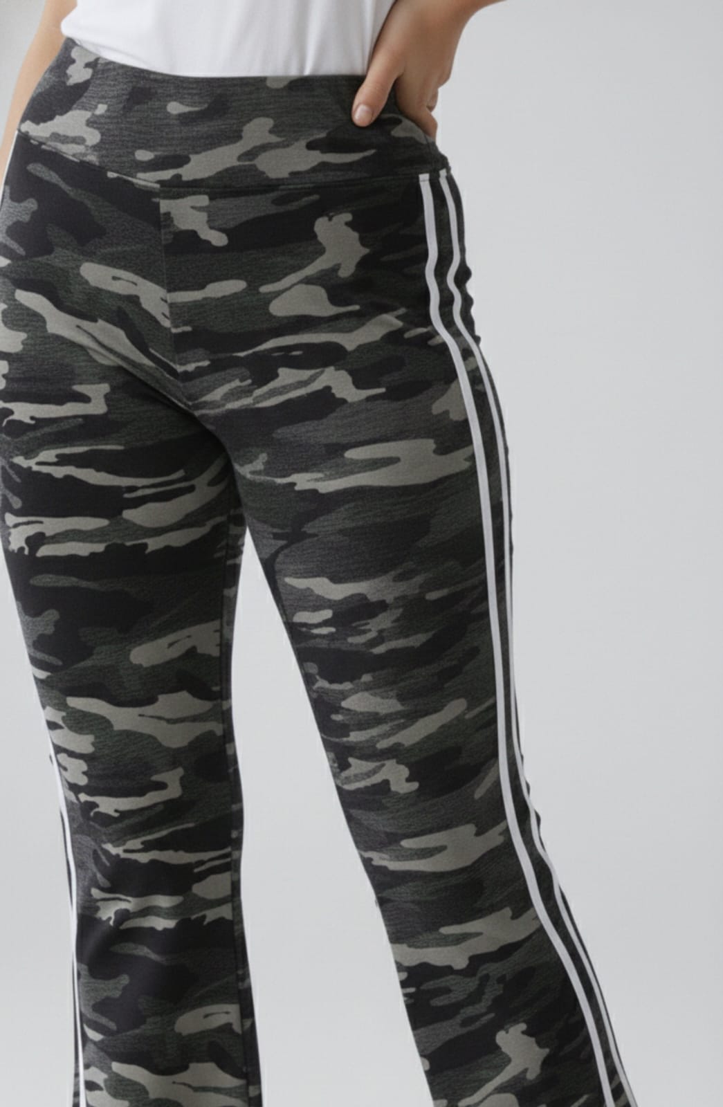 Camouflage Flare Leg Pants With Two White Side Stripes