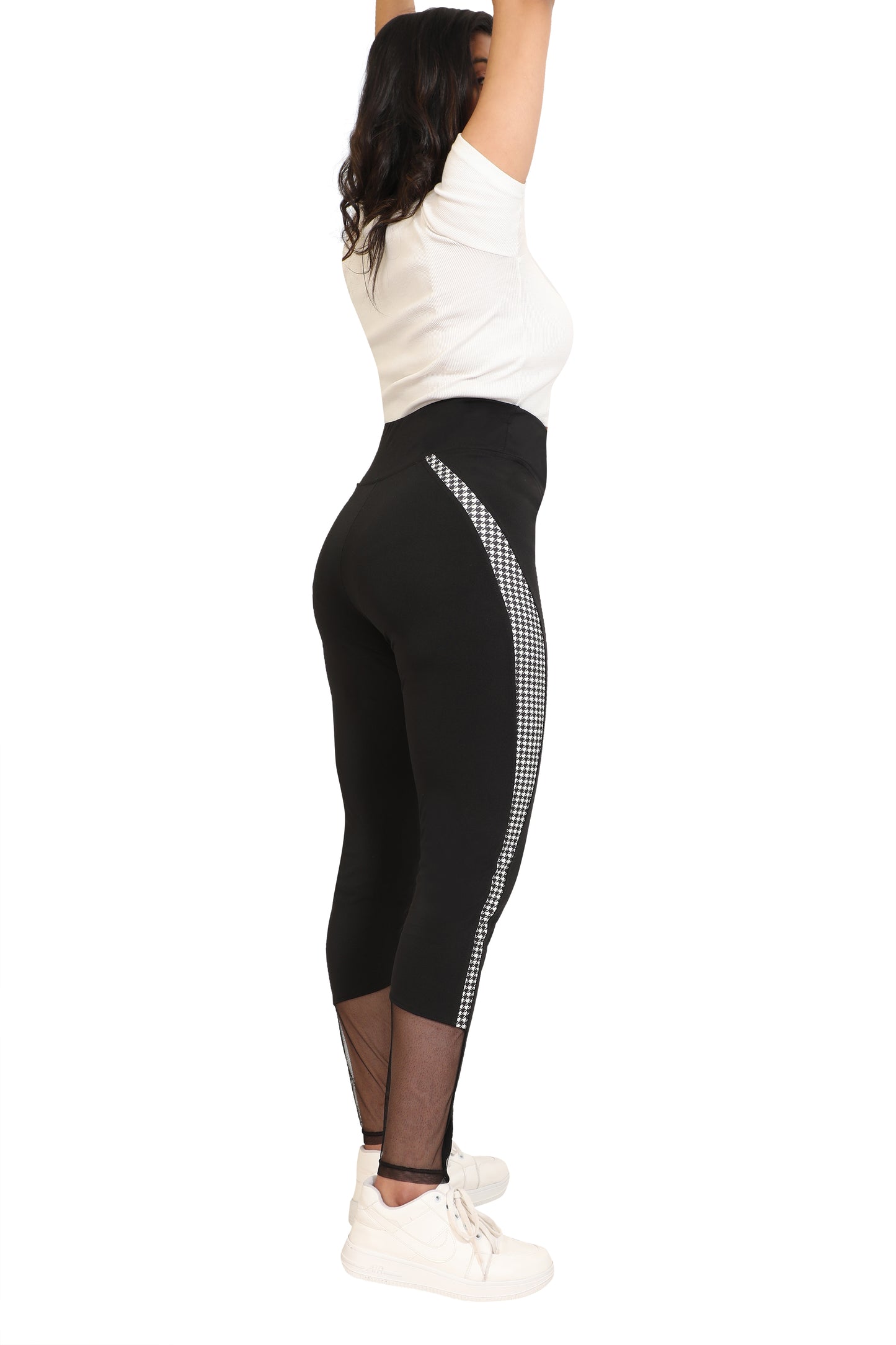 Women's High Waist Black Leggings with Side Houndstooth Panel & Mesh Detail