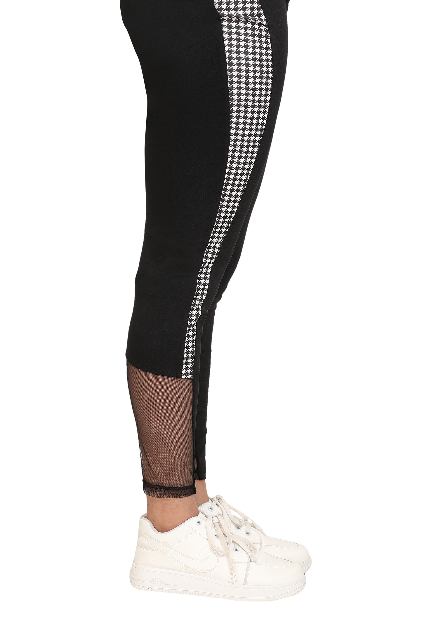 Women's High Waist Black Leggings with Side Houndstooth Panel & Mesh Detail
