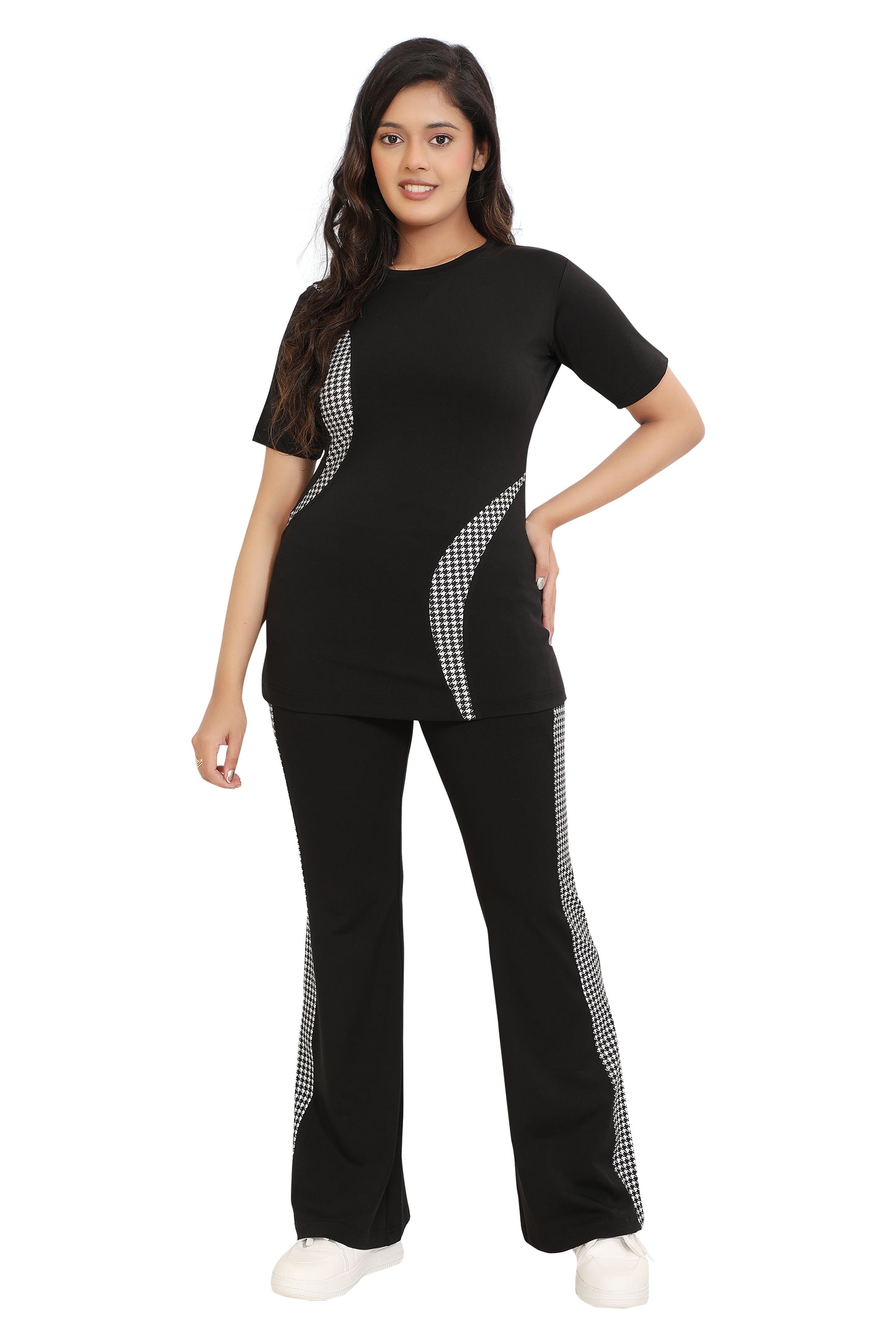 Black & White Houndstooth Panel Co-Ord Set for Women