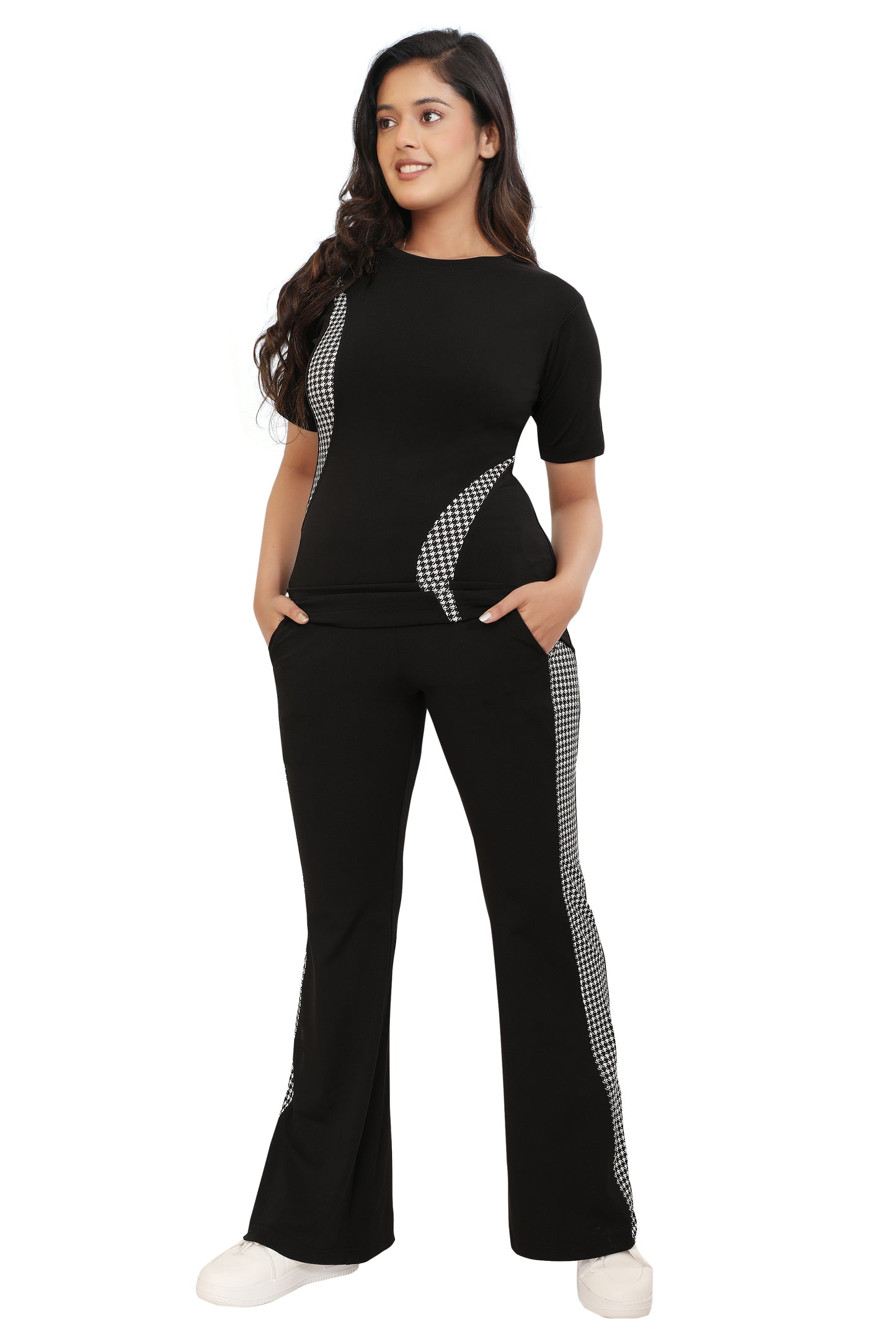 Black & White Houndstooth Panel Co-Ord Set for Women