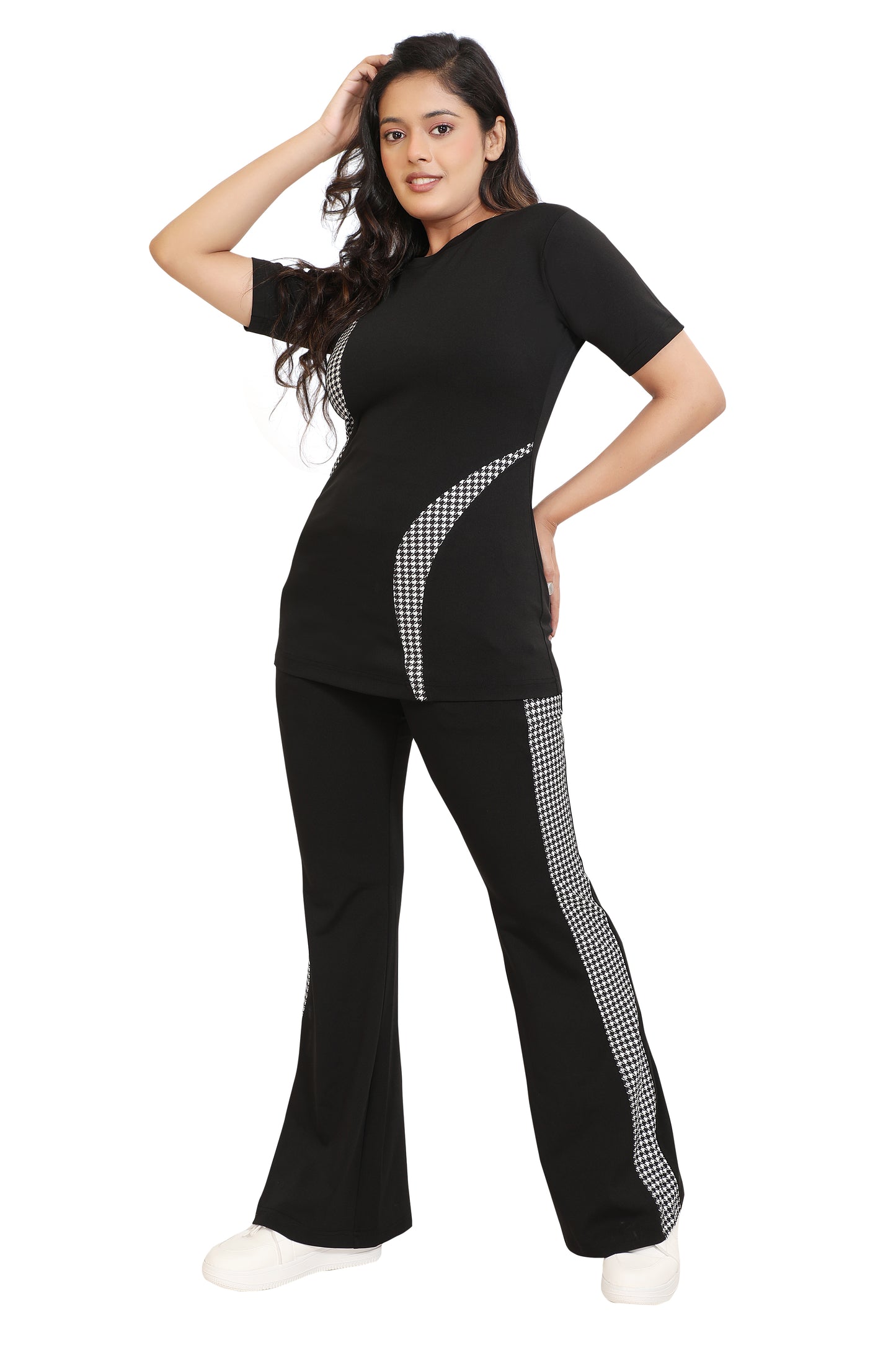 Black & White Houndstooth Panel Co-Ord Set for Women