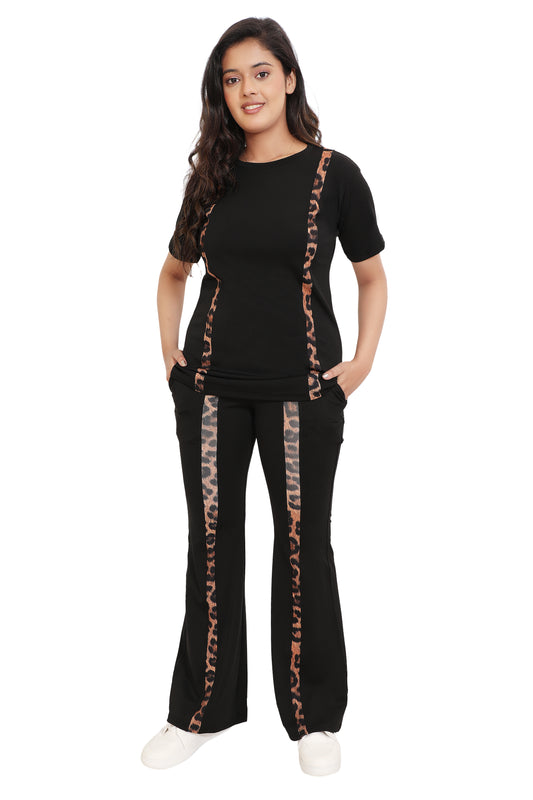 Women's Black Co-ord Set with Leopard Print Side Stripes