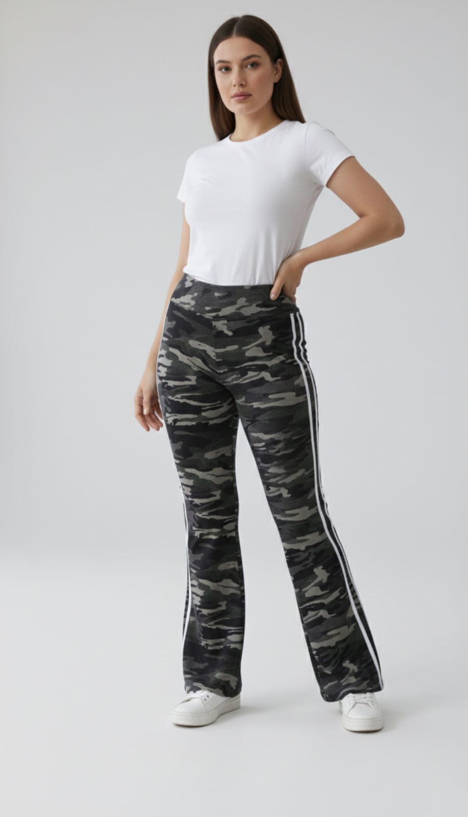 Camouflage Flare Leg Pants With Two White Side Stripes