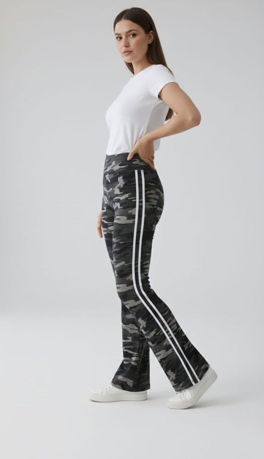 Camouflage Flare Leg Pants With Two White Side Stripes
