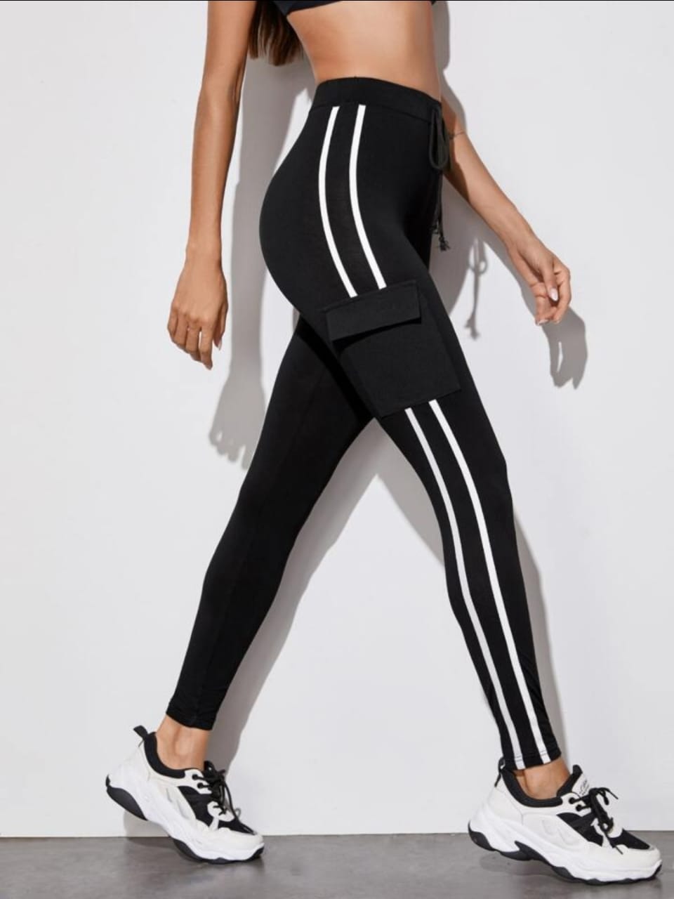 Black Cargo Track Pants with White Side Stripes and Utility Pocket