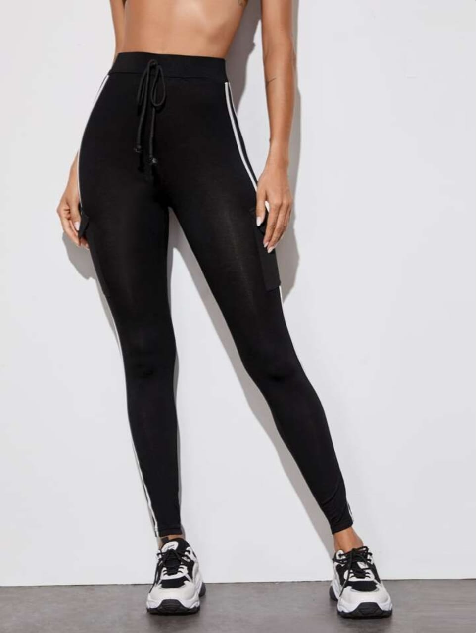 Black Cargo Track Pants with White Side Stripes and Utility Pocket