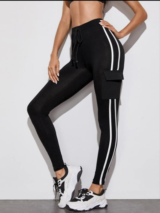 Black Cargo Track Pants with White Side Stripes and Utility Pocket