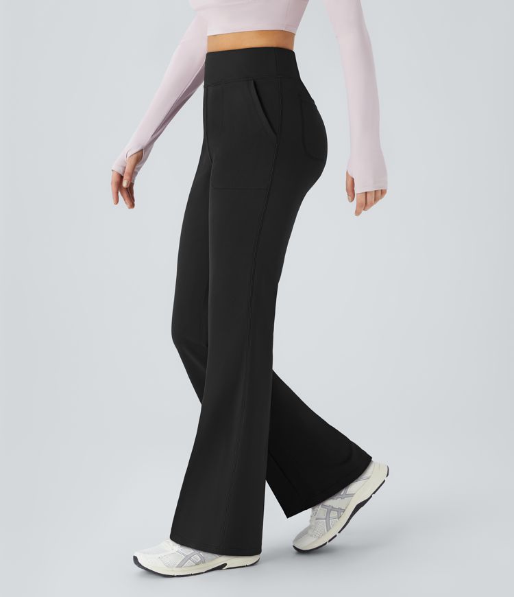 Women's Black Flared Pants With Front And Back Pockets.