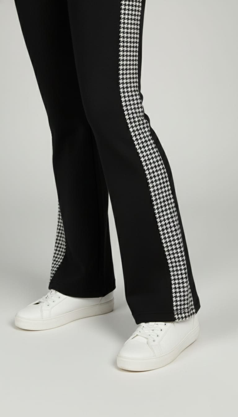 Black Flared Pants with Houndstooth Side Stripes With Knot And Pocket