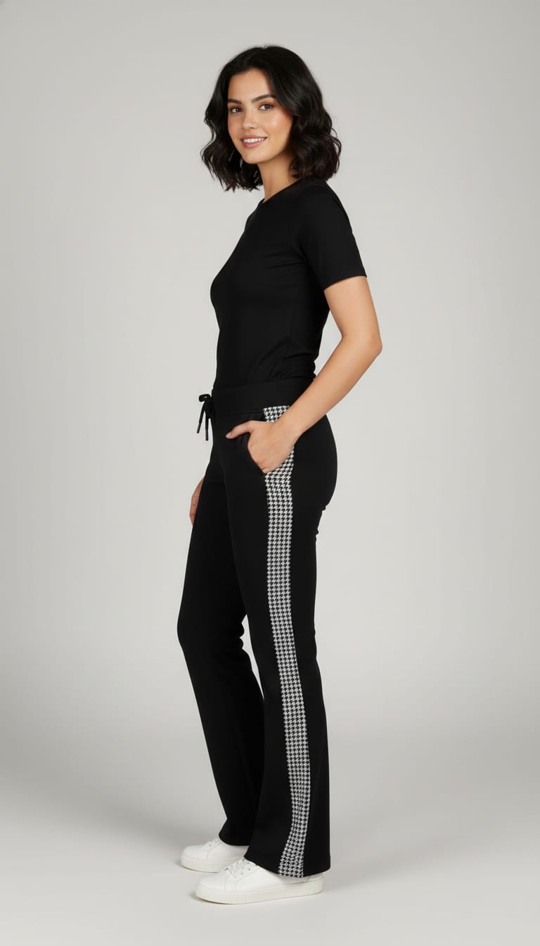 Black Flared Pants with Houndstooth Side Stripes With Knot And Pocket