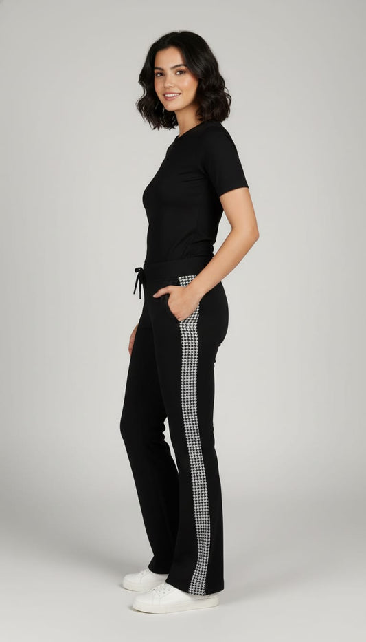 Black Flared Pants with Houndstooth Side Stripes With Knot And Pocket