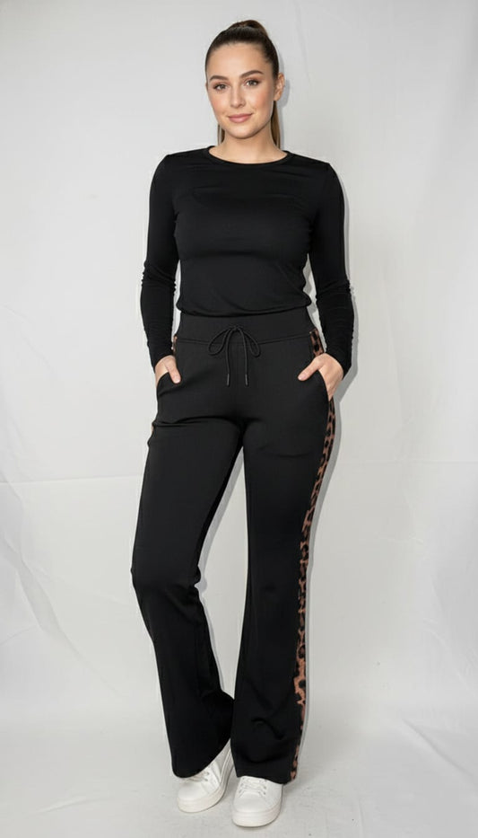 Black Flare Pants with Leopard Print Side Stripes With Pocket And Knot