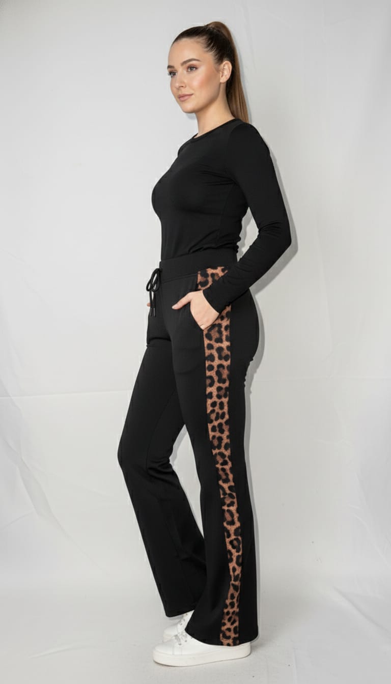 Black Flare Pants with Leopard Print Side Stripes With Pocket And Knot