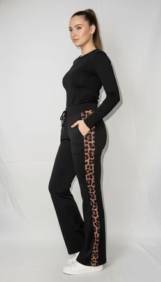 Black Flare Pants with Leopard Print Side Stripes With Pocket And Knot