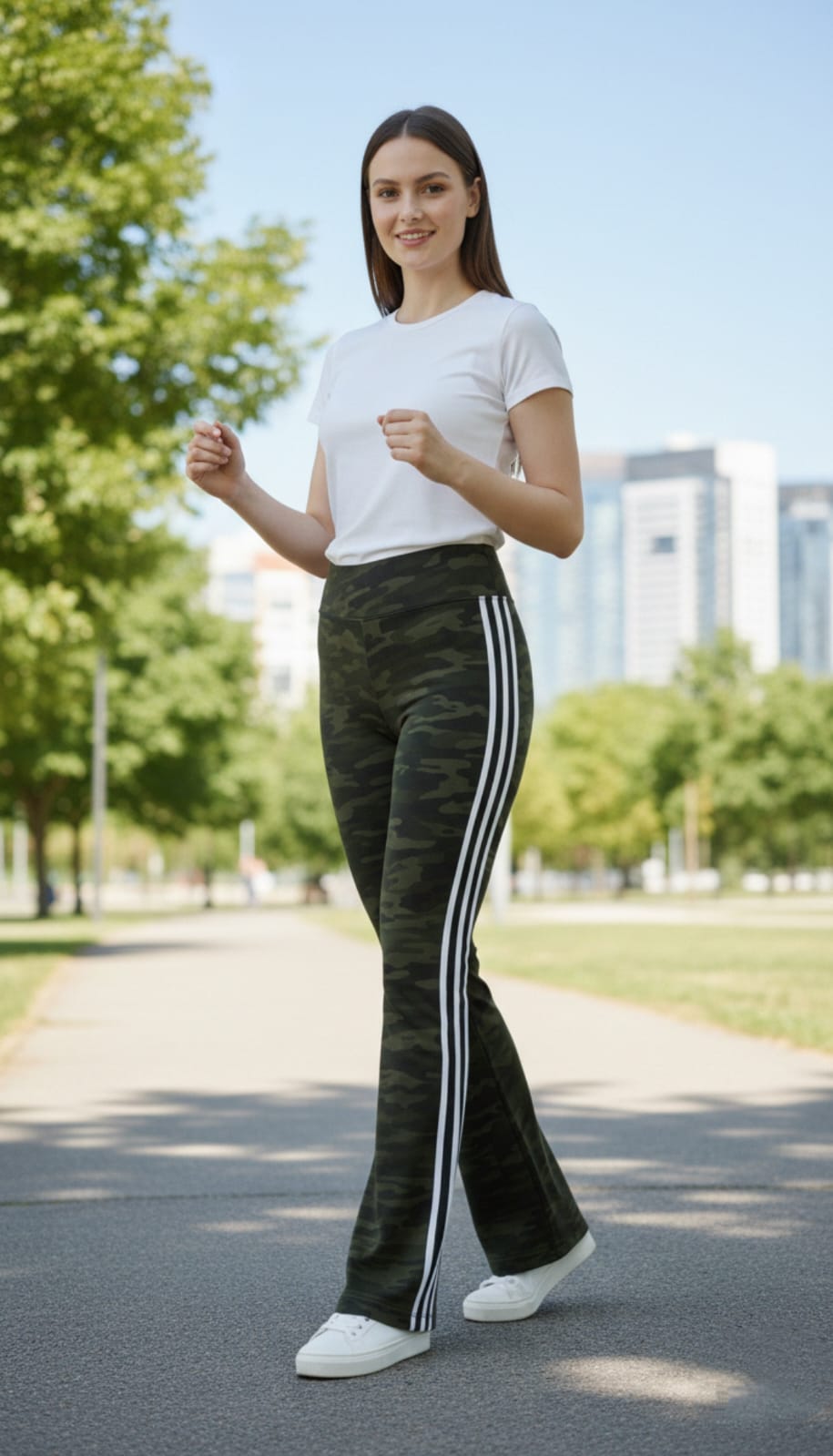 Camouflage Flare Leg Pant With Triple White Stripes