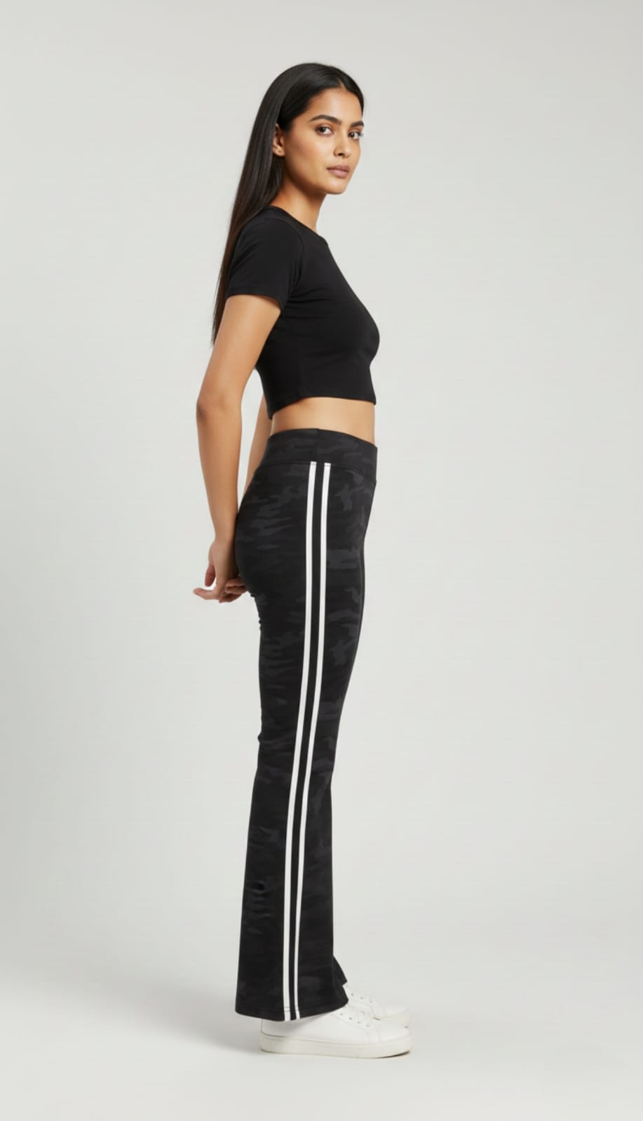 Camouflage Black Flare Style Leg Pant With White Side Stripes