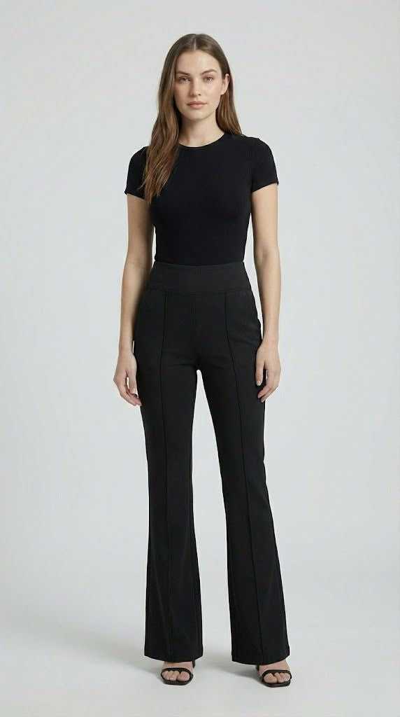 Black High-Waist Flared Trousers with Front Pleats And Pocket