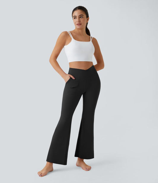 High-Waist Crossover Flare Yoga Pants for Women With Pockets