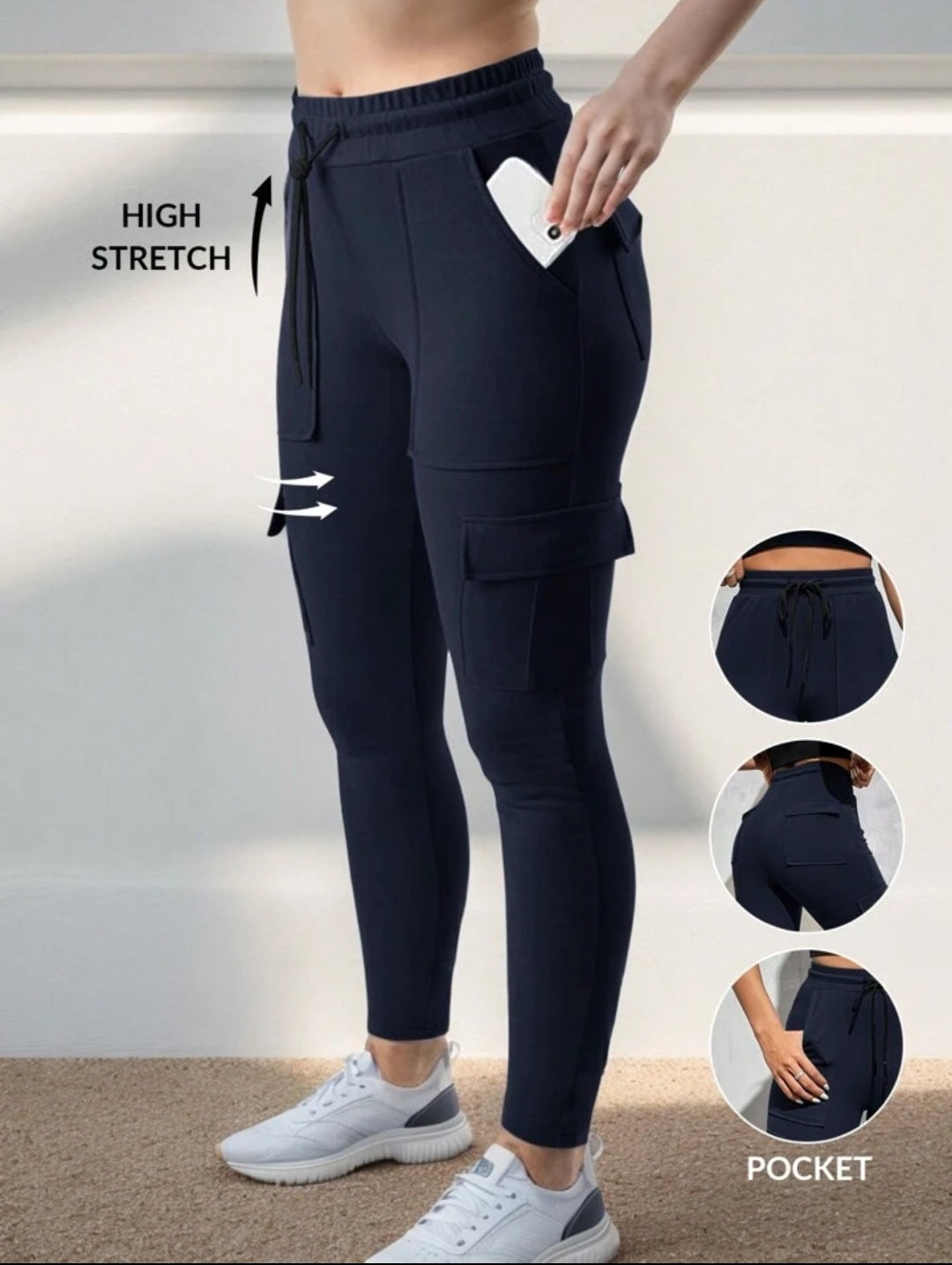 EZwear Plus Size Women Waistband Pocket Skinny Black Leggings, Casual