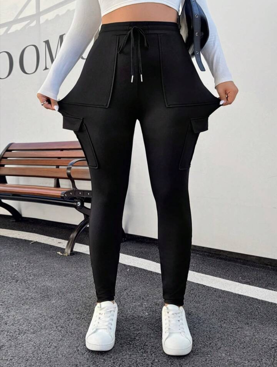 EZwear Plus Size Women Waistband Pocket Skinny Black Leggings, Casual