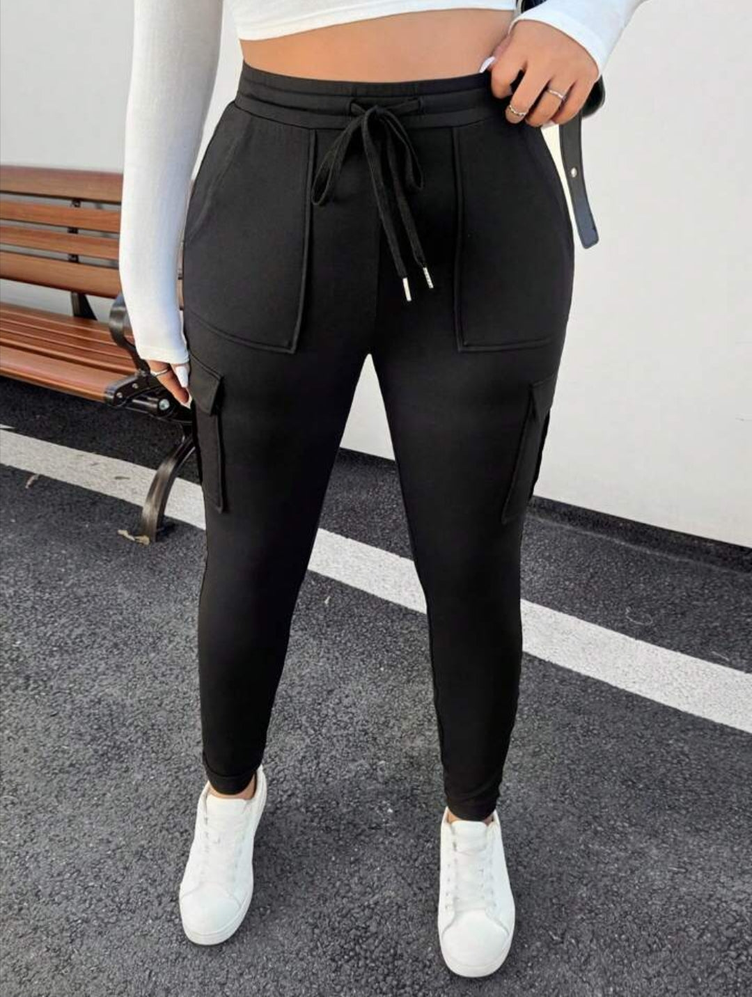 EZwear Plus Size Women Waistband Pocket Skinny Black Leggings, Casual