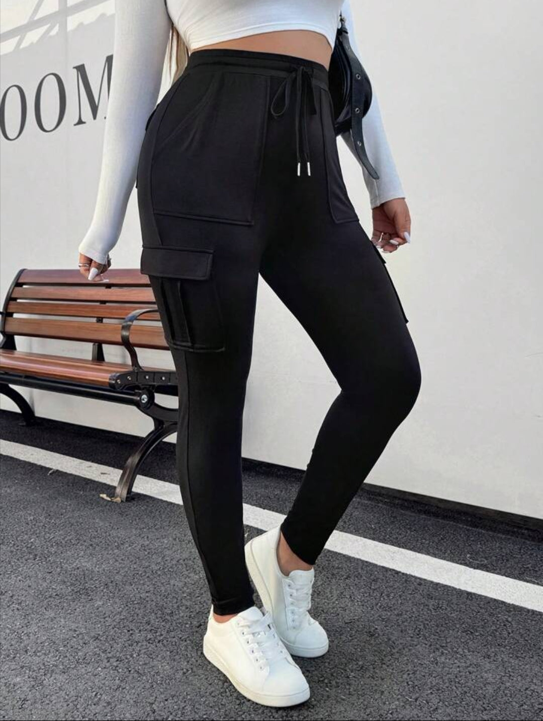 EZwear Plus Size Women Waistband Pocket Skinny Black Leggings, Casual