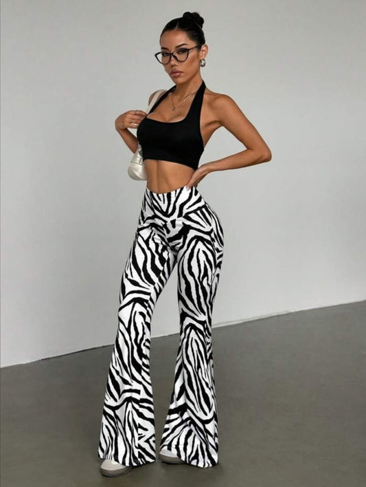 Women's Zebra Print V-Waist Flare Pants