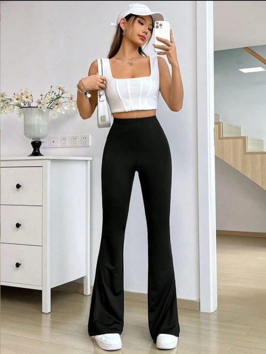 Solid Color Elastic High Waist Flared Black Yoga Sports Pants, Casual Wear Trousers, Women's Leggings, Women's Clothing Flare  Leg Pant