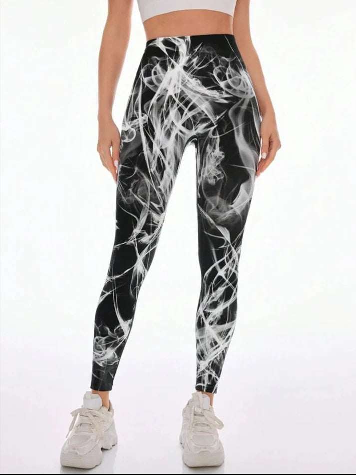 Women’s Yoga Pants Combo (Set of 2) – Black Striped & Smoke Print Leggings | High Waist Stretchable